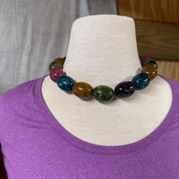Multicolor Chunky Oval Bead Necklace Extender Chain Lobster Clasp Choker Adjusts - Picture 4 of 16